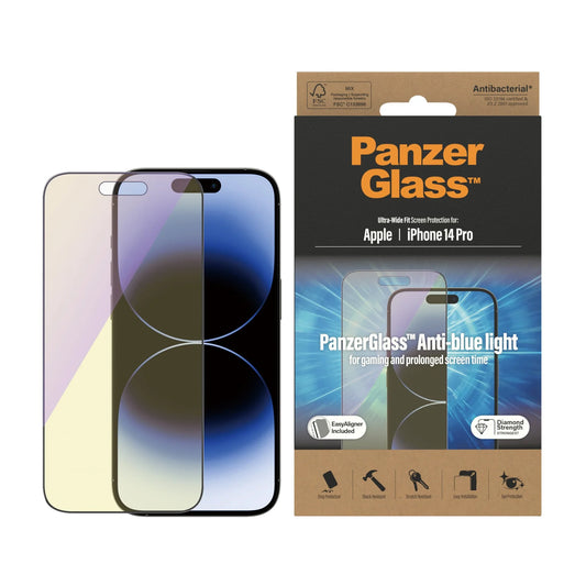 PANZERGLASS® ANTI-BLUE LIGHT SCREEN PROTECTOR APPLE IPHONE 14 PRO | ULTRA-WIDE FIT W. EASYALIGNER | GLASSBESKYTTER