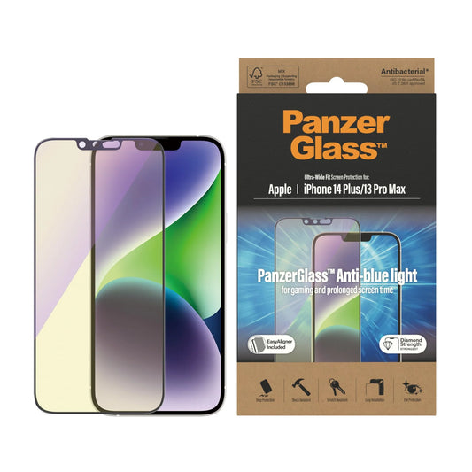 PANZERGLASS® ANTI-BLUE LIGHT SCREEN PROTECTOR APPLE IPHONE 14 PLUS | 13 PRO MAX | ULTRA-WIDE FIT W. EASYALIGNER | GLASSBESKYTTER