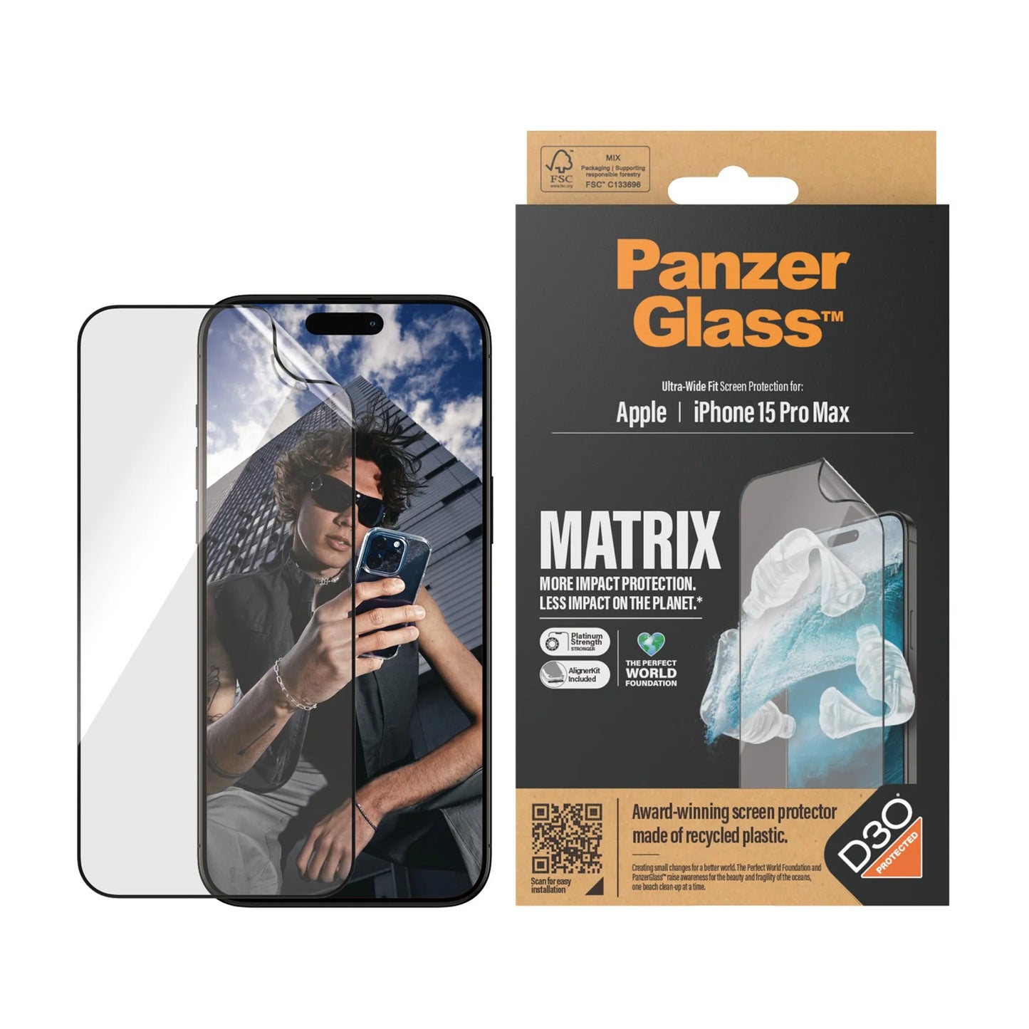 PANZERGLASS® MATRIX SCREEN PROTECTOR WITH D3O® IPHONE 15 PRO MAX | ULTRA-WIDE FIT W. ALIGNER KIT | GLASS PROTECTOR