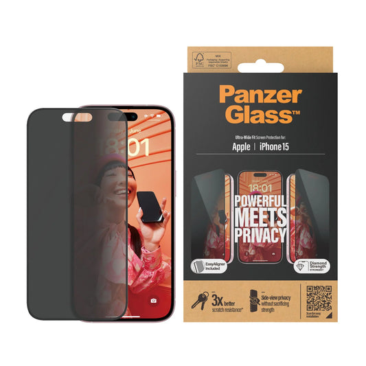 PANZERGLASS® PRIVACY SCREEN PROTECTOR IPHONE 15 | ULTRA-WIDE FIT W. EASYALIGNER | GLASSBESKYTTER